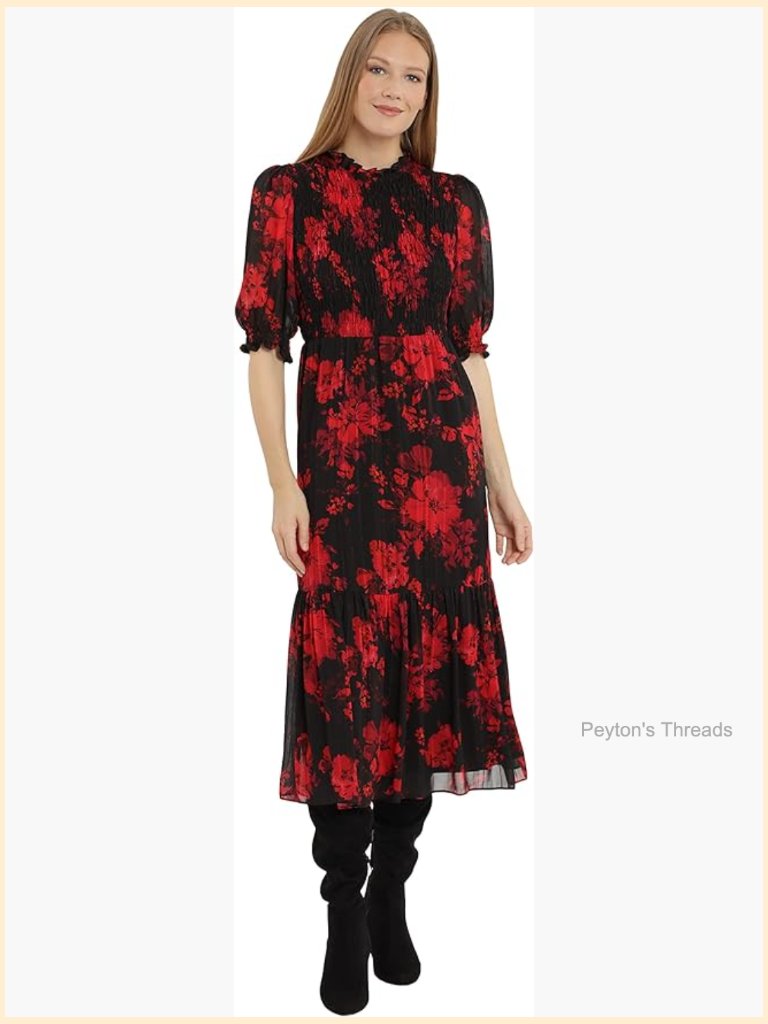 Ruffle Mock Neck Midi Dress With Elbow Sleeves